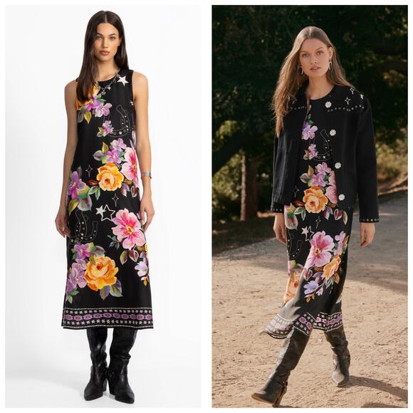 Johnny Was Karolina Tea Length Midi Dress Size Small Silk Floral Horseshoe Boho - Picture 1 of 14